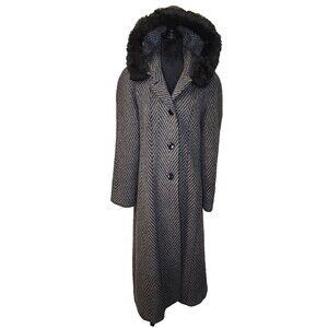 Andrea Collection Herringbone Alpaca Wool Faux Fur Hooded Long Coat Size 10